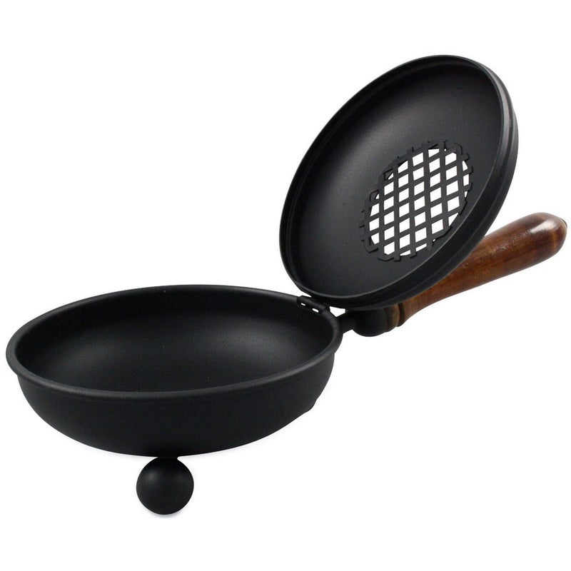 MaMeMi Large Smoking pan [Diameter 4.33 inch, Length Approx. 9.84 inch], Made of Iron, matt Black, with Removable Sieve and Wooden Handle - Image 1